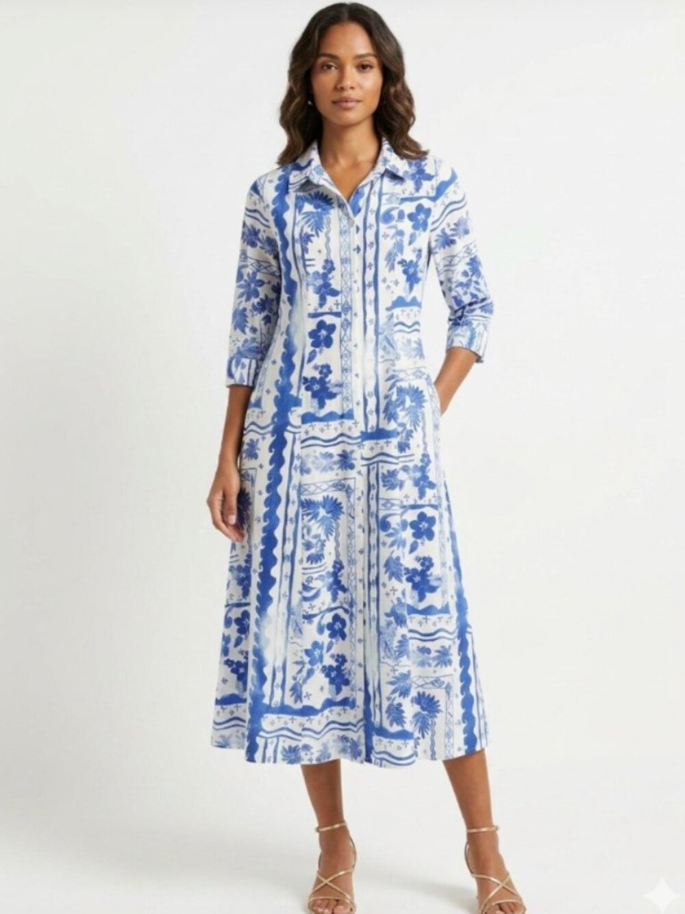 Joie Linen Maxi Dress /blue and white floral porcelain print sz Small
